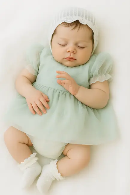 Boneca Reborn dormindo com vestido verde-água e touca branca, deitada sobre fundo claro