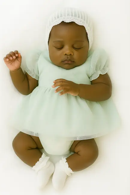 Boneca Reborn dormindo com vestido verde-água e touca branca, deitada sobre fundo claro